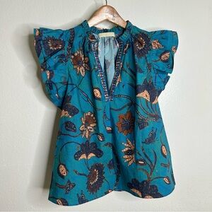Ulla Johnson 100% Cotton Teal Floral Short Sleeve Flutter Sleeve Blouse Size 2